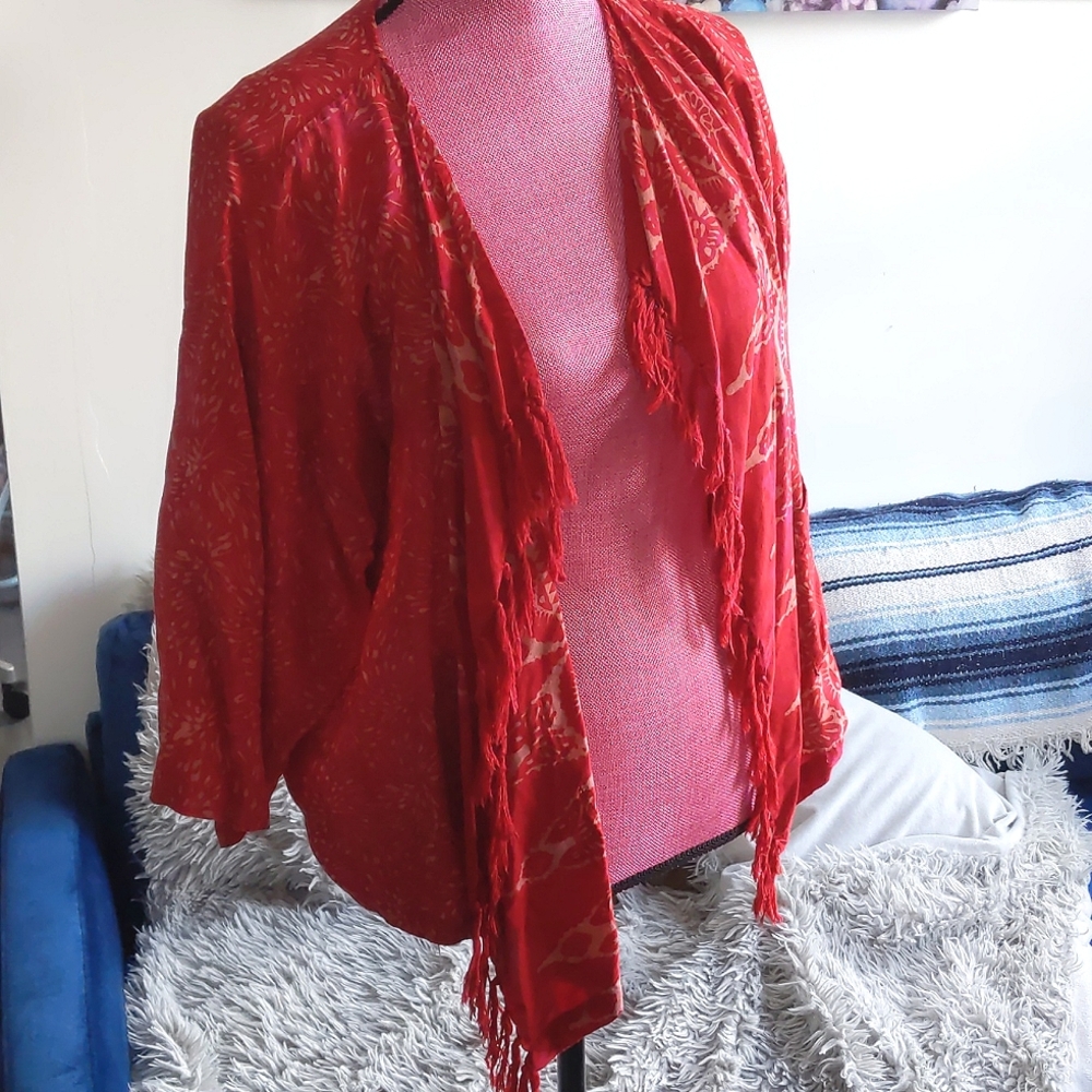 Hand Made Red Fringed Boho Butterfly Shawl with Pockets 3/4 sleeve